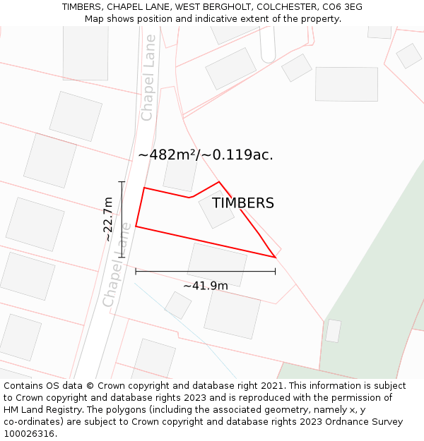 TIMBERS, CHAPEL LANE, WEST BERGHOLT, COLCHESTER, CO6 3EG: Plot and title map