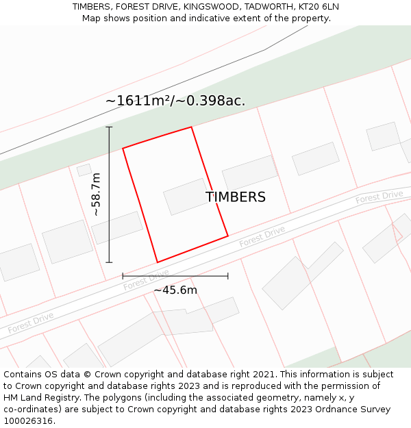 TIMBERS, FOREST DRIVE, KINGSWOOD, TADWORTH, KT20 6LN: Plot and title map