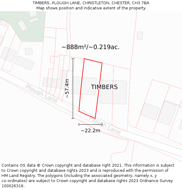 TIMBERS, PLOUGH LANE, CHRISTLETON, CHESTER, CH3 7BA: Plot and title map