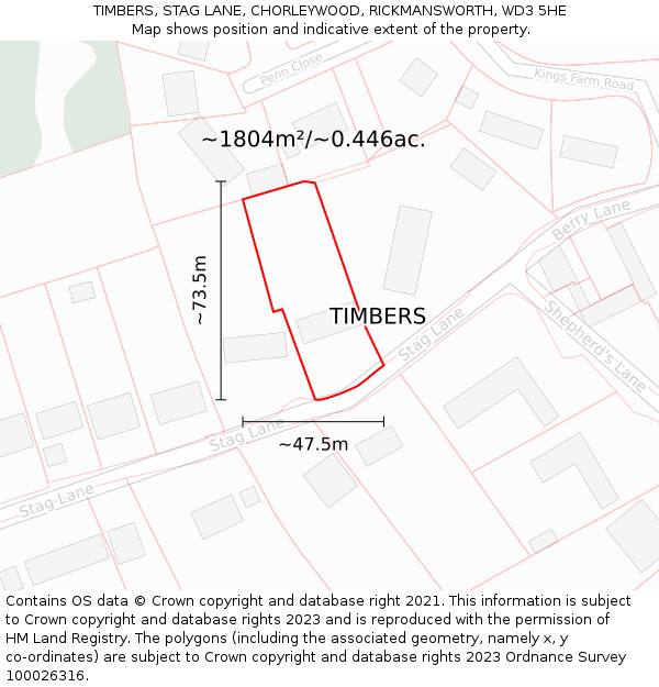 TIMBERS, STAG LANE, CHORLEYWOOD, RICKMANSWORTH, WD3 5HE: Plot and title map