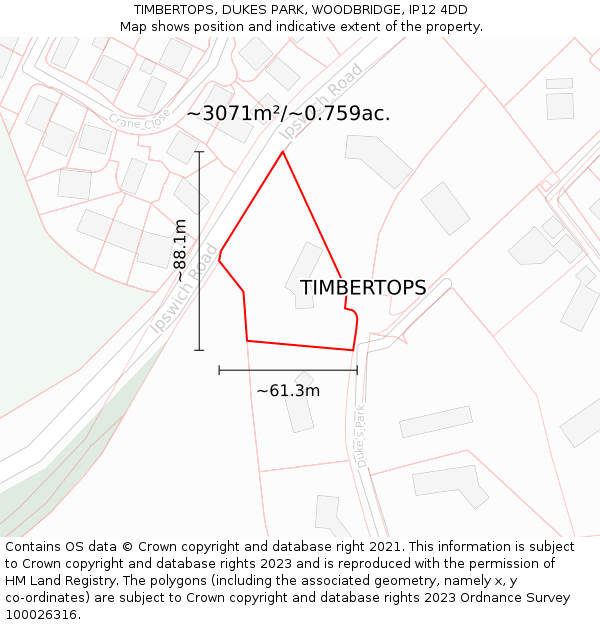 TIMBERTOPS, DUKES PARK, WOODBRIDGE, IP12 4DD: Plot and title map