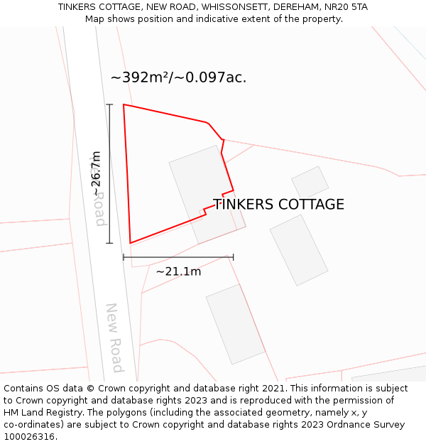 TINKERS COTTAGE, NEW ROAD, WHISSONSETT, DEREHAM, NR20 5TA: Plot and title map