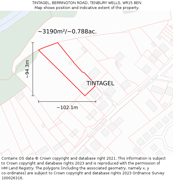 TINTAGEL, BERRINGTON ROAD, TENBURY WELLS, WR15 8EN: Plot and title map