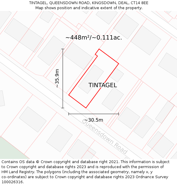 TINTAGEL, QUEENSDOWN ROAD, KINGSDOWN, DEAL, CT14 8EE: Plot and title map