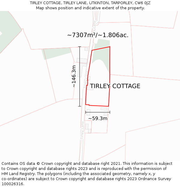 TIRLEY COTTAGE, TIRLEY LANE, UTKINTON, TARPORLEY, CW6 0JZ: Plot and title map