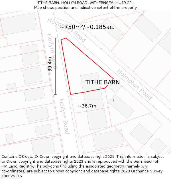 TITHE BARN, HOLLYM ROAD, WITHERNSEA, HU19 2PL: Plot and title map