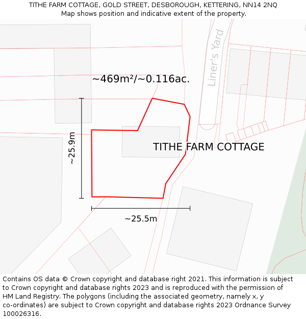 TITHE FARM COTTAGE, GOLD STREET, DESBOROUGH, KETTERING, NN14 2NQ: Plot and title map