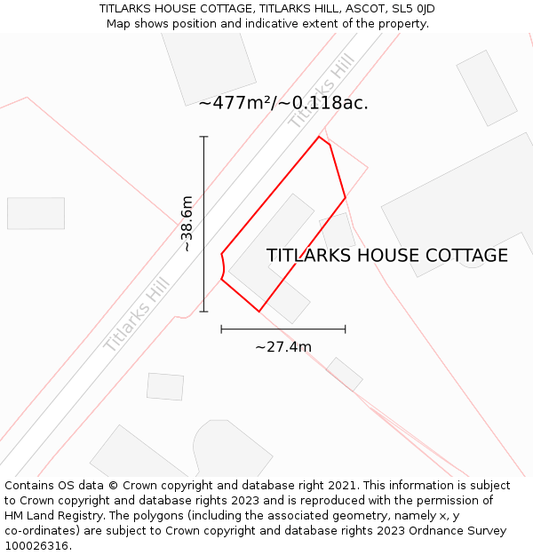TITLARKS HOUSE COTTAGE, TITLARKS HILL, ASCOT, SL5 0JD: Plot and title map
