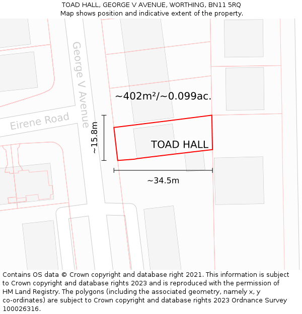 TOAD HALL, GEORGE V AVENUE, WORTHING, BN11 5RQ: Plot and title map