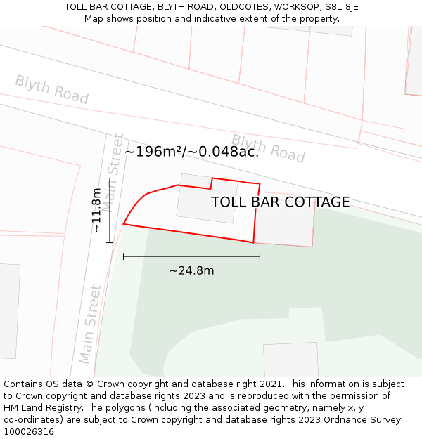 TOLL BAR COTTAGE, BLYTH ROAD, OLDCOTES, WORKSOP, S81 8JE: Plot and title map