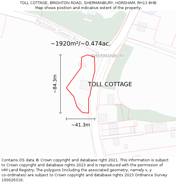 TOLL COTTAGE, BRIGHTON ROAD, SHERMANBURY, HORSHAM, RH13 8HB: Plot and title map