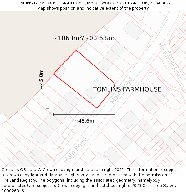 TOMLINS FARMHOUSE, MAIN ROAD, MARCHWOOD, SOUTHAMPTON, SO40 4UZ: Plot and title map