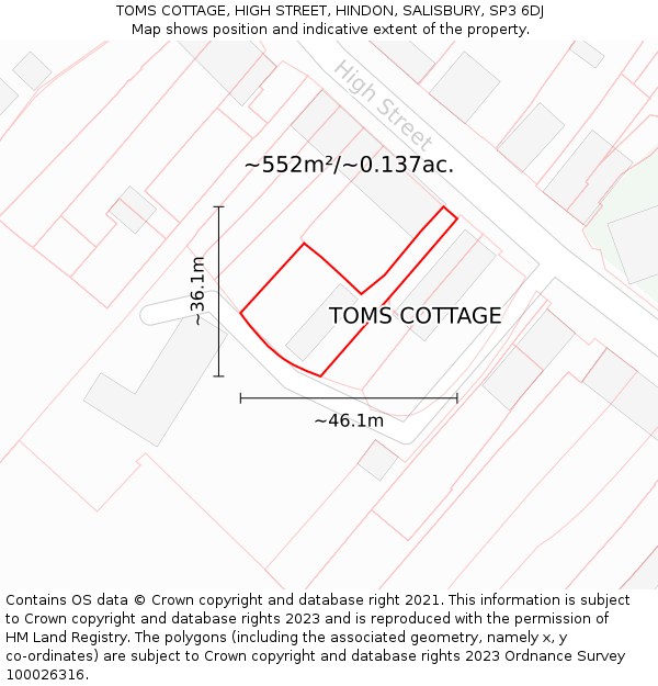 TOMS COTTAGE, HIGH STREET, HINDON, SALISBURY, SP3 6DJ: Plot and title map