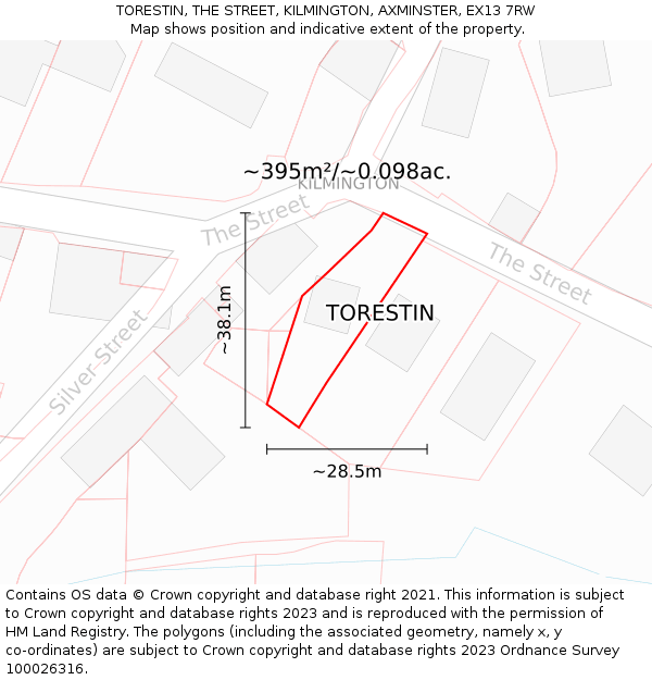 TORESTIN, THE STREET, KILMINGTON, AXMINSTER, EX13 7RW: Plot and title map