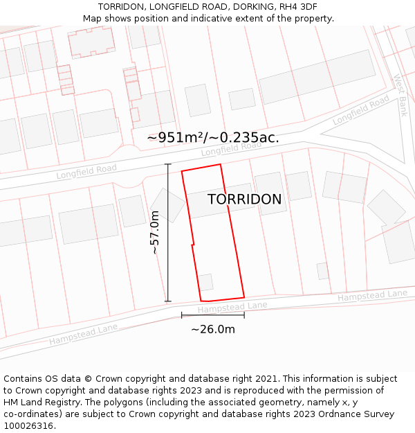 TORRIDON, LONGFIELD ROAD, DORKING, RH4 3DF: Plot and title map