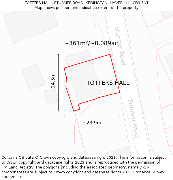 TOTTERS HALL, STURMER ROAD, KEDINGTON, HAVERHILL, CB9 7NT: Plot and title map