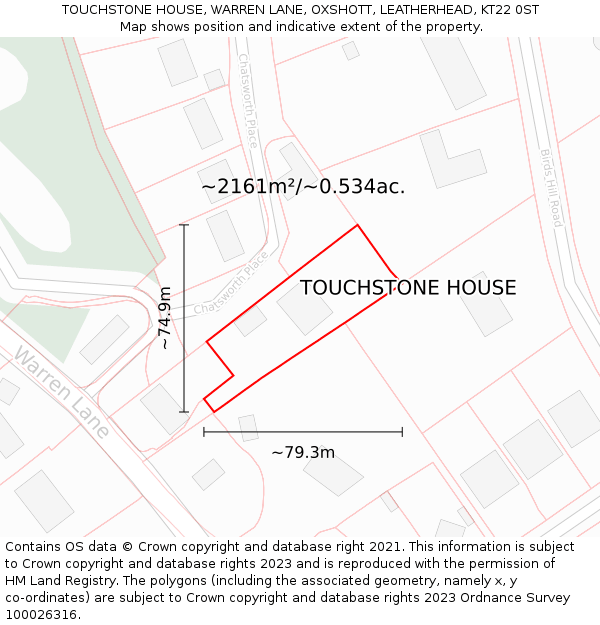 TOUCHSTONE HOUSE, WARREN LANE, OXSHOTT, LEATHERHEAD, KT22 0ST: Plot and title map