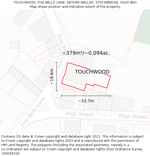 TOUCHWOOD, FIVE BELLS LANE, NETHER WALLOP, STOCKBRIDGE, SO20 8EN: Plot and title map