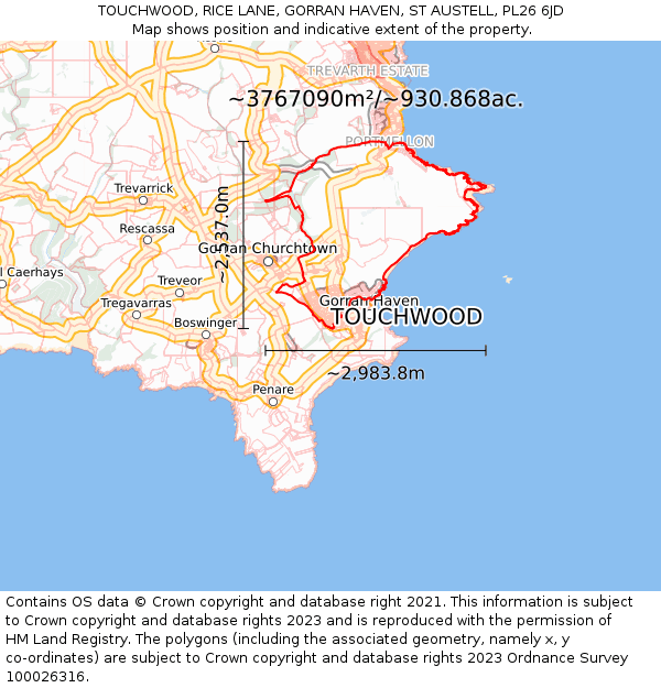 TOUCHWOOD, RICE LANE, GORRAN HAVEN, ST AUSTELL, PL26 6JD: Plot and title map