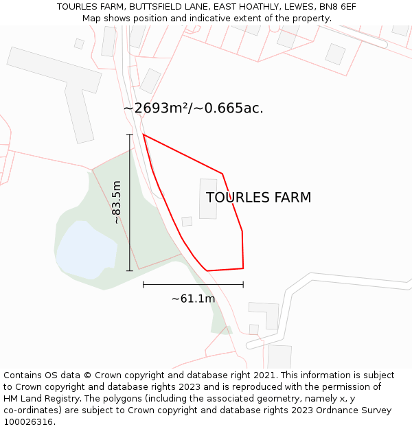 TOURLES FARM, BUTTSFIELD LANE, EAST HOATHLY, LEWES, BN8 6EF: Plot and title map