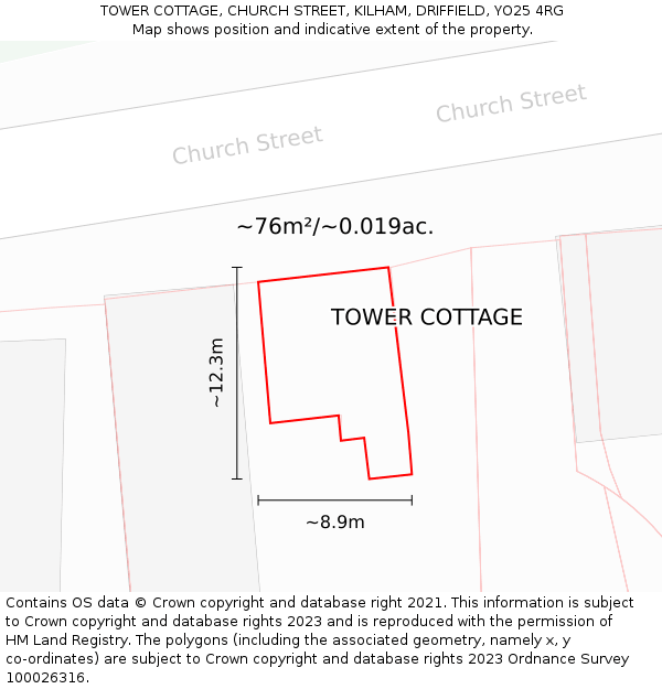 TOWER COTTAGE, CHURCH STREET, KILHAM, DRIFFIELD, YO25 4RG: Plot and title map