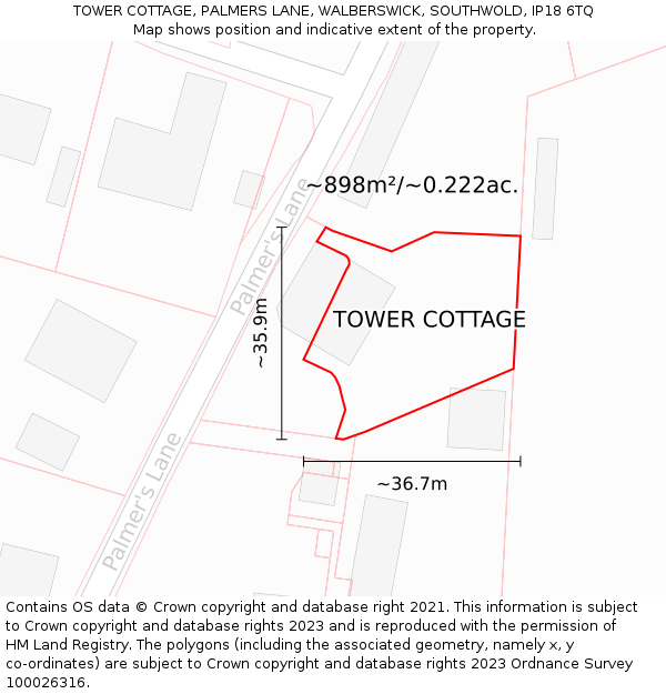 TOWER COTTAGE, PALMERS LANE, WALBERSWICK, SOUTHWOLD, IP18 6TQ: Plot and title map