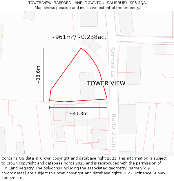 TOWER VIEW, BARFORD LANE, DOWNTON, SALISBURY, SP5 3QA: Plot and title map