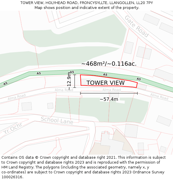 TOWER VIEW, HOLYHEAD ROAD, FRONCYSYLLTE, LLANGOLLEN, LL20 7PY: Plot and title map