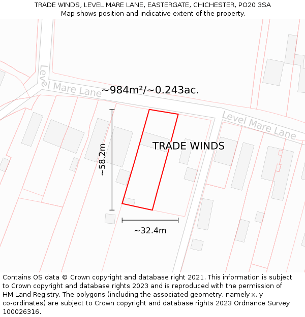 TRADE WINDS, LEVEL MARE LANE, EASTERGATE, CHICHESTER, PO20 3SA: Plot and title map