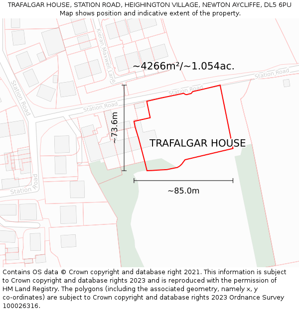 TRAFALGAR HOUSE, STATION ROAD, HEIGHINGTON VILLAGE, NEWTON AYCLIFFE, DL5 6PU: Plot and title map