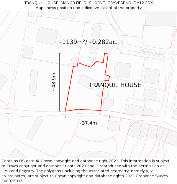 TRANQUIL HOUSE, MANOR FIELD, SHORNE, GRAVESEND, DA12 3DX: Plot and title map