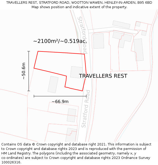 TRAVELLERS REST, STRATFORD ROAD, WOOTTON WAWEN, HENLEY-IN-ARDEN, B95 6BD: Plot and title map