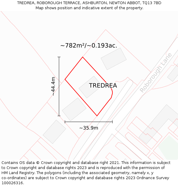 TREDREA, ROBOROUGH TERRACE, ASHBURTON, NEWTON ABBOT, TQ13 7BD: Plot and title map