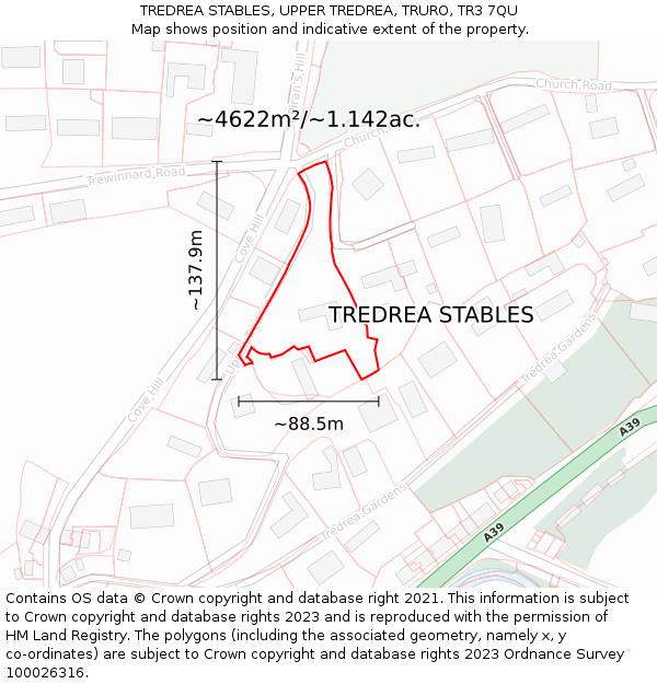TREDREA STABLES, UPPER TREDREA, TRURO, TR3 7QU: Plot and title map