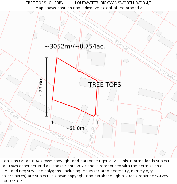 TREE TOPS, CHERRY HILL, LOUDWATER, RICKMANSWORTH, WD3 4JT: Plot and title map