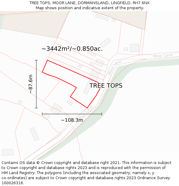 TREE TOPS, MOOR LANE, DORMANSLAND, LINGFIELD, RH7 6NX: Plot and title map