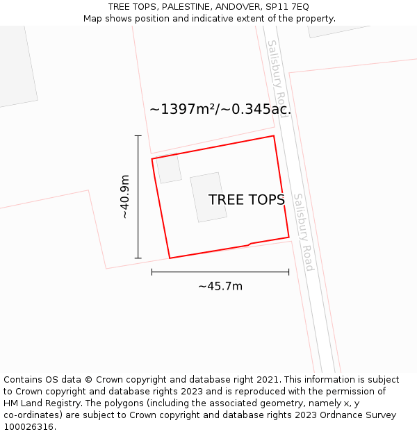 TREE TOPS, PALESTINE, ANDOVER, SP11 7EQ: Plot and title map