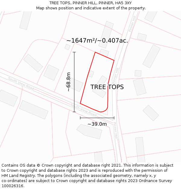 TREE TOPS, PINNER HILL, PINNER, HA5 3XY: Plot and title map