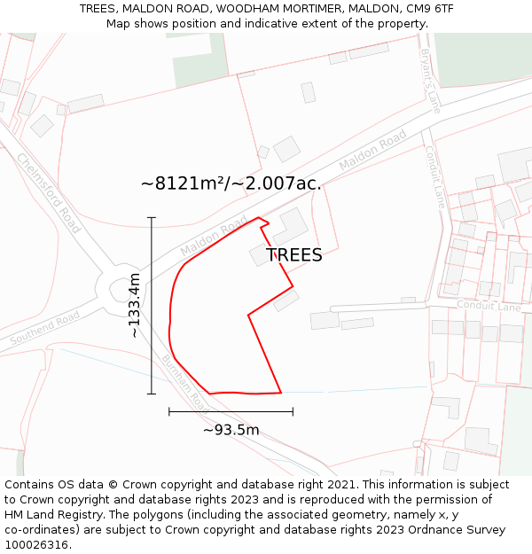 TREES, MALDON ROAD, WOODHAM MORTIMER, MALDON, CM9 6TF: Plot and title map