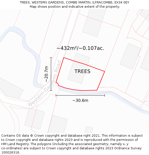 TREES, WESTERN GARDENS, COMBE MARTIN, ILFRACOMBE, EX34 0EY: Plot and title map