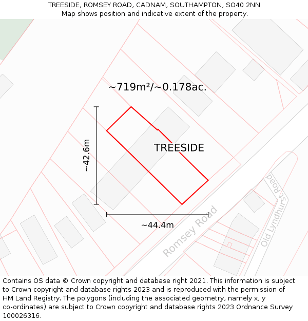 TREESIDE, ROMSEY ROAD, CADNAM, SOUTHAMPTON, SO40 2NN: Plot and title map