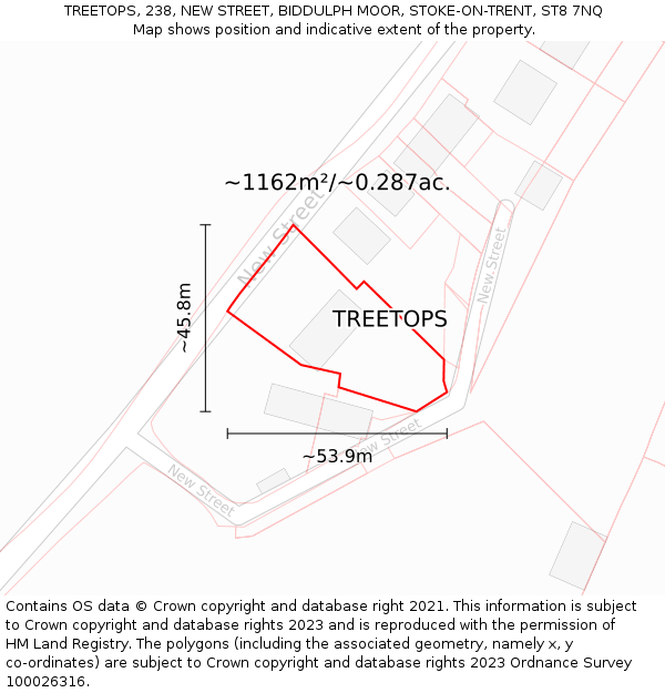 TREETOPS, 238, NEW STREET, BIDDULPH MOOR, STOKE-ON-TRENT, ST8 7NQ: Plot and title map