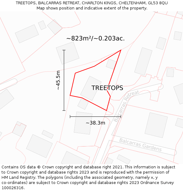 TREETOPS, BALCARRAS RETREAT, CHARLTON KINGS, CHELTENHAM, GL53 8QU: Plot and title map