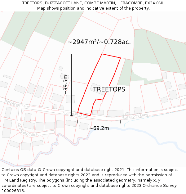 TREETOPS, BUZZACOTT LANE, COMBE MARTIN, ILFRACOMBE, EX34 0NL: Plot and title map