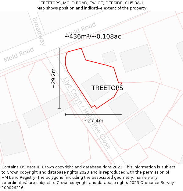 TREETOPS, MOLD ROAD, EWLOE, DEESIDE, CH5 3AU: Plot and title map