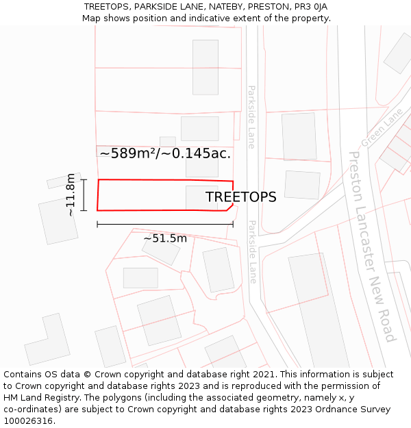 TREETOPS, PARKSIDE LANE, NATEBY, PRESTON, PR3 0JA: Plot and title map