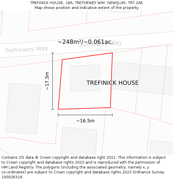 TREFINICK HOUSE, 18A, TRETHEWEY WAY, NEWQUAY, TR7 2AE: Plot and title map