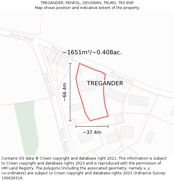 TREGANDER, PENPOL, DEVORAN, TRURO, TR3 6NP: Plot and title map