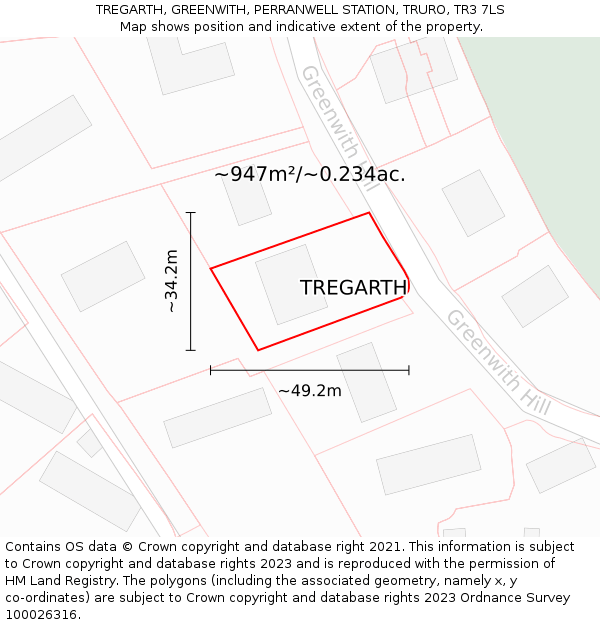 TREGARTH, GREENWITH, PERRANWELL STATION, TRURO, TR3 7LS: Plot and title map