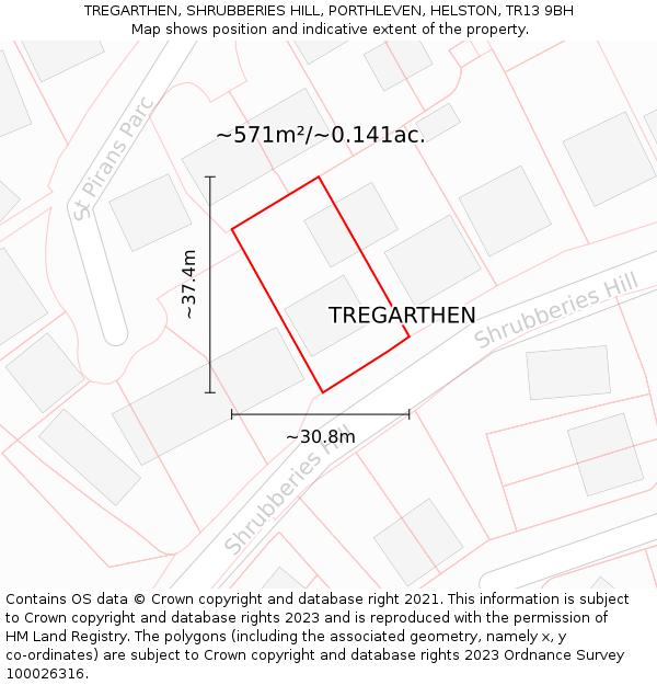 TREGARTHEN, SHRUBBERIES HILL, PORTHLEVEN, HELSTON, TR13 9BH: Plot and title map